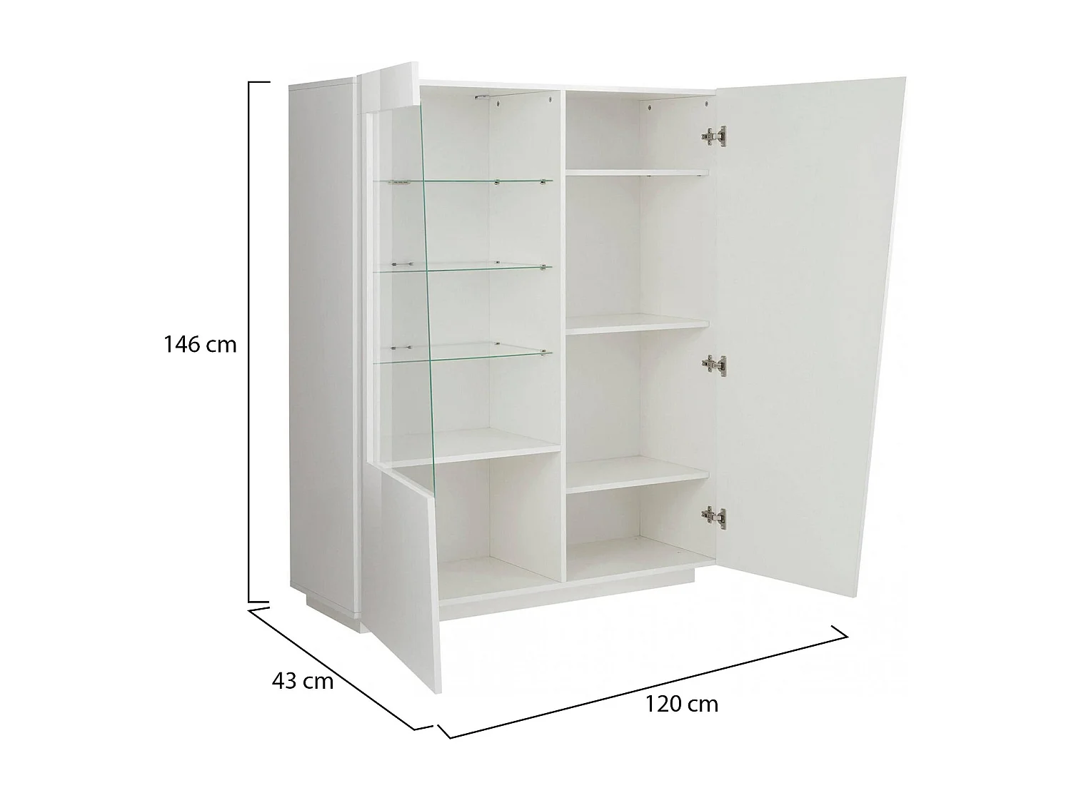 Vitrine Dkruni, Buffet avec porte vitrée, Meuble de salon polyvalent avec lumière LED, 100% Made in Italy, 120x43h146 cm, Blanc brillant