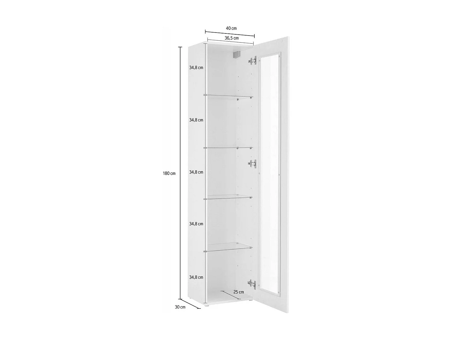 Vitrina Dcomi, Aparador con baldas de cristal, Mueble salón polivalente con luz LED, 100% Made in Italy, cm 40x30h180, Blanco brillo