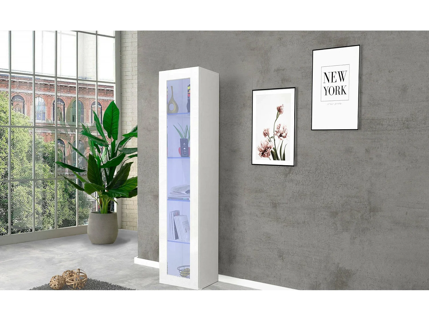 Dcomi vitrine, Dressoir met glazen planken, Multifunctioneel woonkamermeubel met LED-licht, 100% Made in Italy, 40x30h180 cm, Glanzend wit