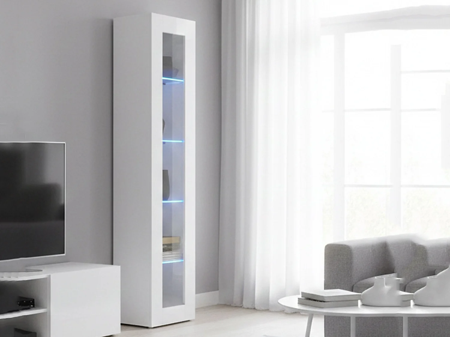 Vitrine Dcomi, Buffet avec étagères en verre, Meuble de salon polyvalent avec lumière LED, 100% Made in Italy, 40x30h180 cm, Blanc brillant