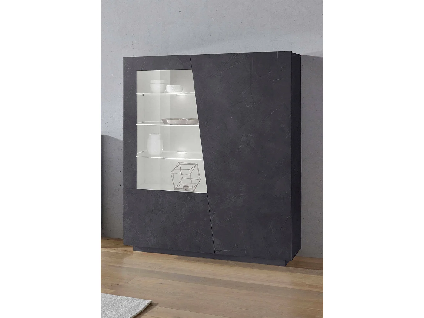 Vitrine Dkruni, Buffet avec porte vitrée, Meuble de salon polyvalent avec lumière LED, 100% Made in Italy, 120x43h146 cm, Ardoise