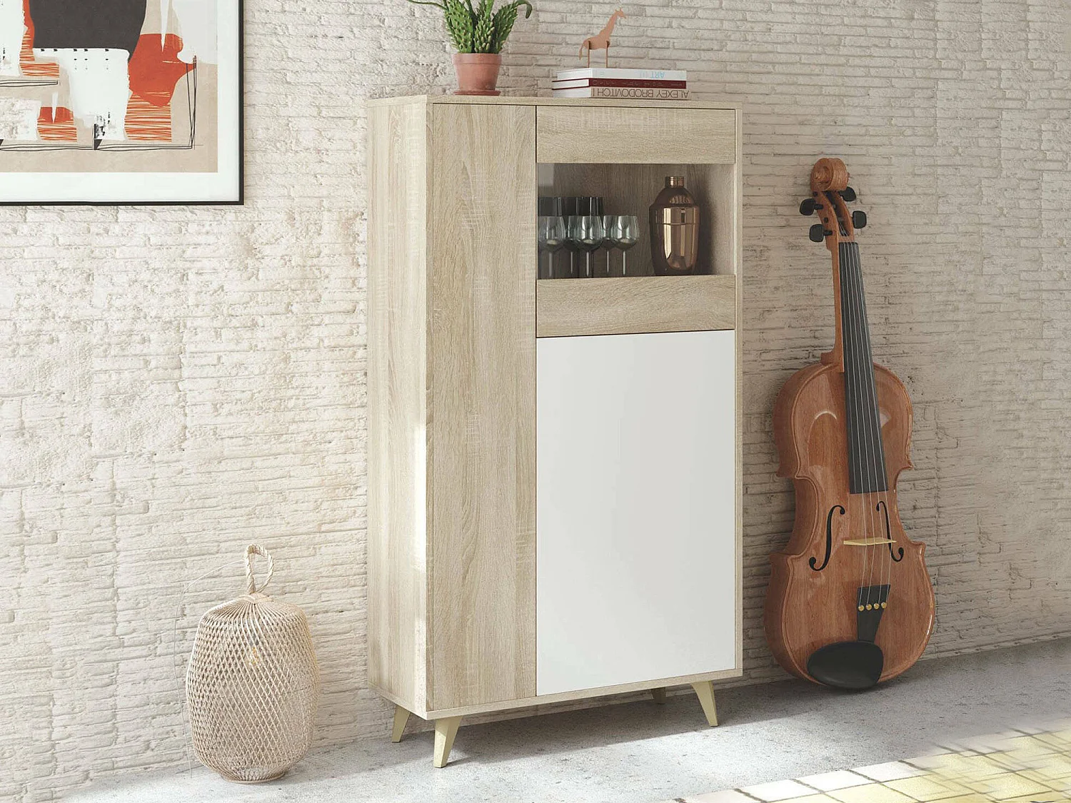Escaparate Daceved, Vitrina moderna con 3 puertas, Aparador para salón o sala de estar, Aparador alto con baldas, 77x33h142 cm, Roble y Blanco