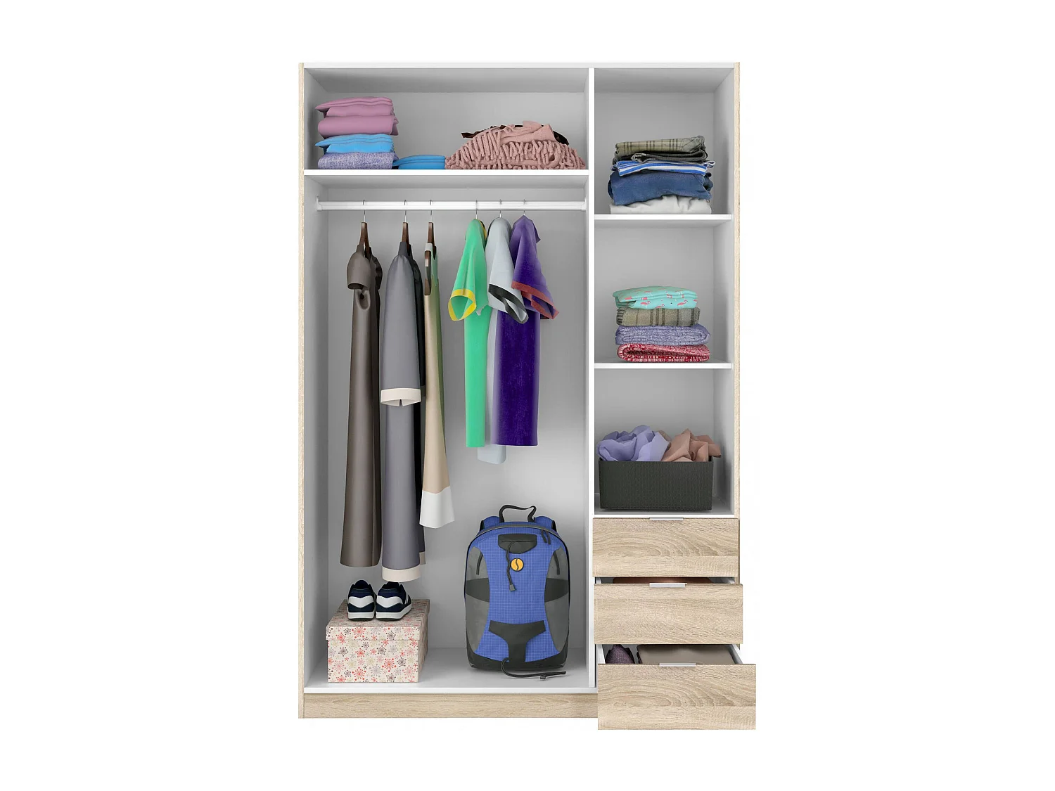 Armoire Ddermak, Armoire de chambre avec 3 portes et 3 tiroirs, Armoire avec 3 étagères et tringle à vêtements, 135x52h200 cm, Chêne