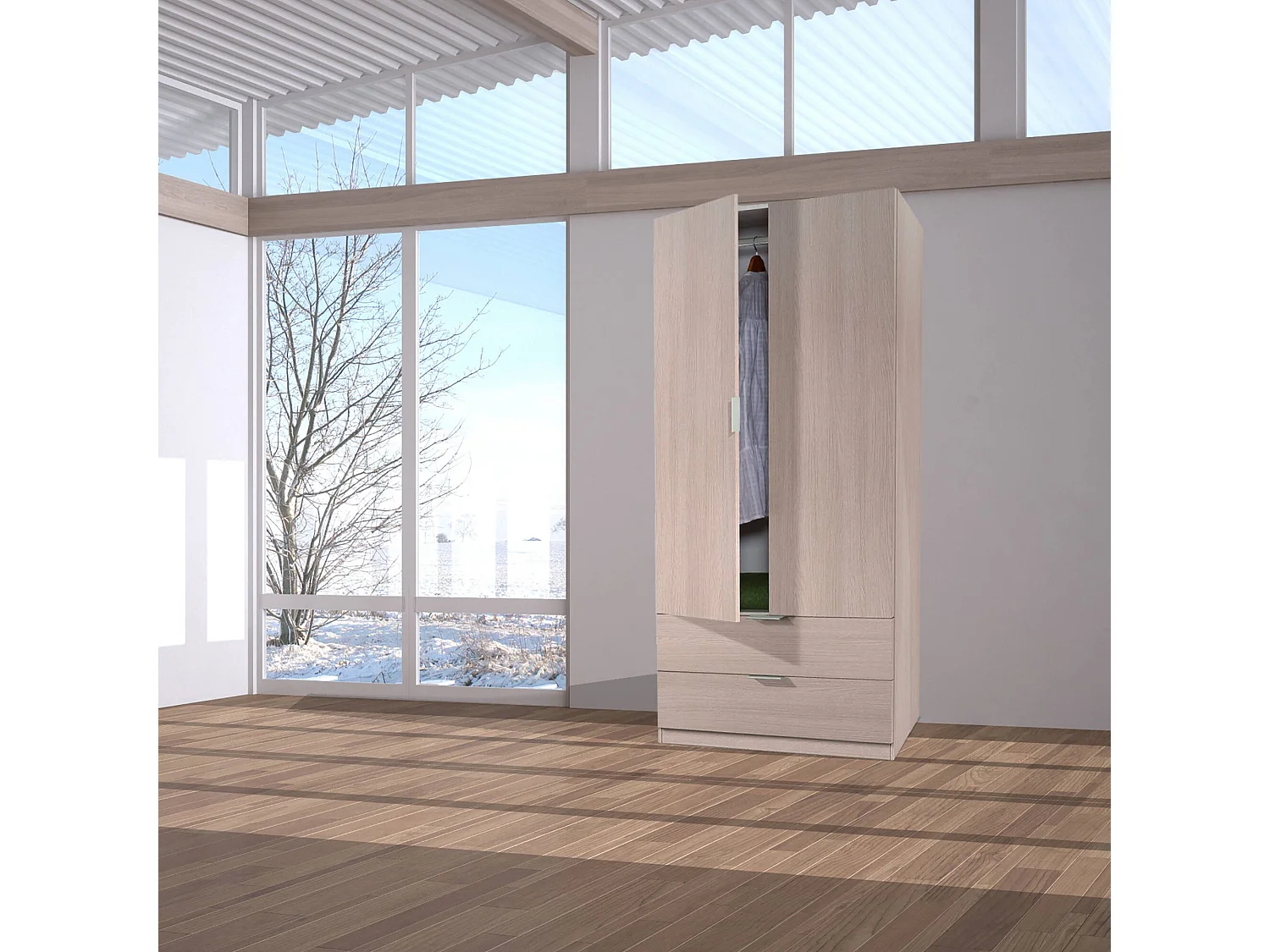 Guardarropa Darest, Armario dormitorio con 2 puertas y 2 cajones, Muebles de dormitorio con perchero, 81x52h180 cm, Roble