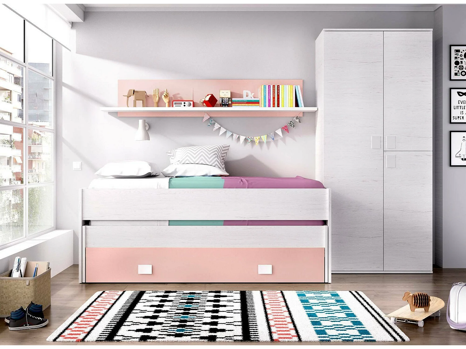 Lit enfant Ortles, Structure avec deuxième lit extractible, Lit simple pour chambre avec 1 tiroir et étagère, 200x99h74 cm, Blanc et Rose