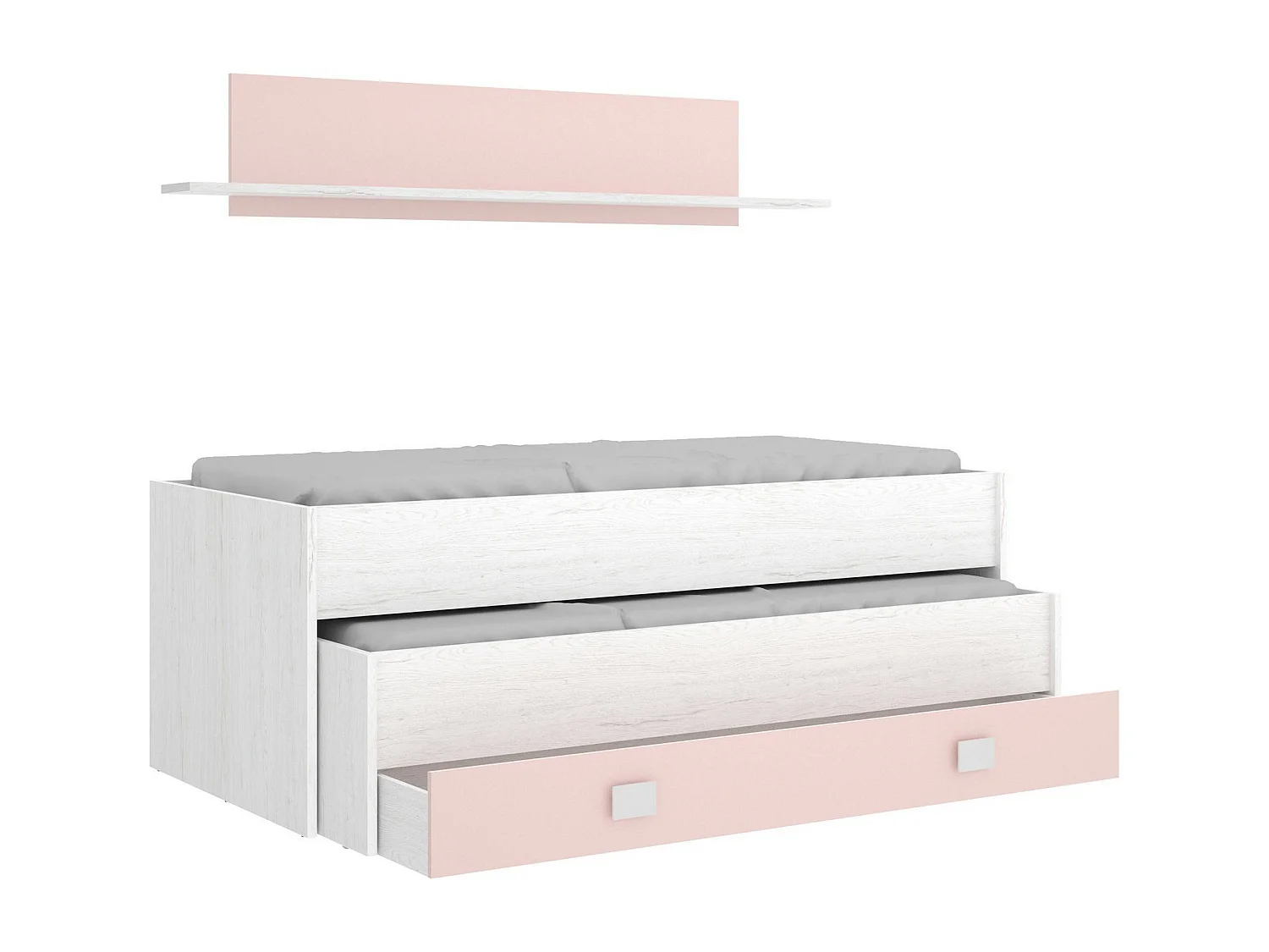 Lit enfant Ortles, Structure avec deuxième lit extractible, Lit simple pour chambre avec 1 tiroir et étagère, 200x99h74 cm, Blanc et Rose