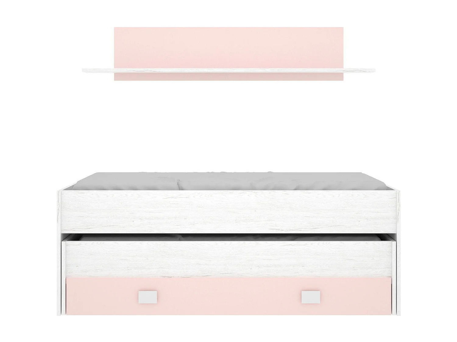 Lit enfant Ortles, Structure avec deuxième lit extractible, Lit simple pour chambre avec 1 tiroir et étagère, 200x99h74 cm, Blanc et Rose