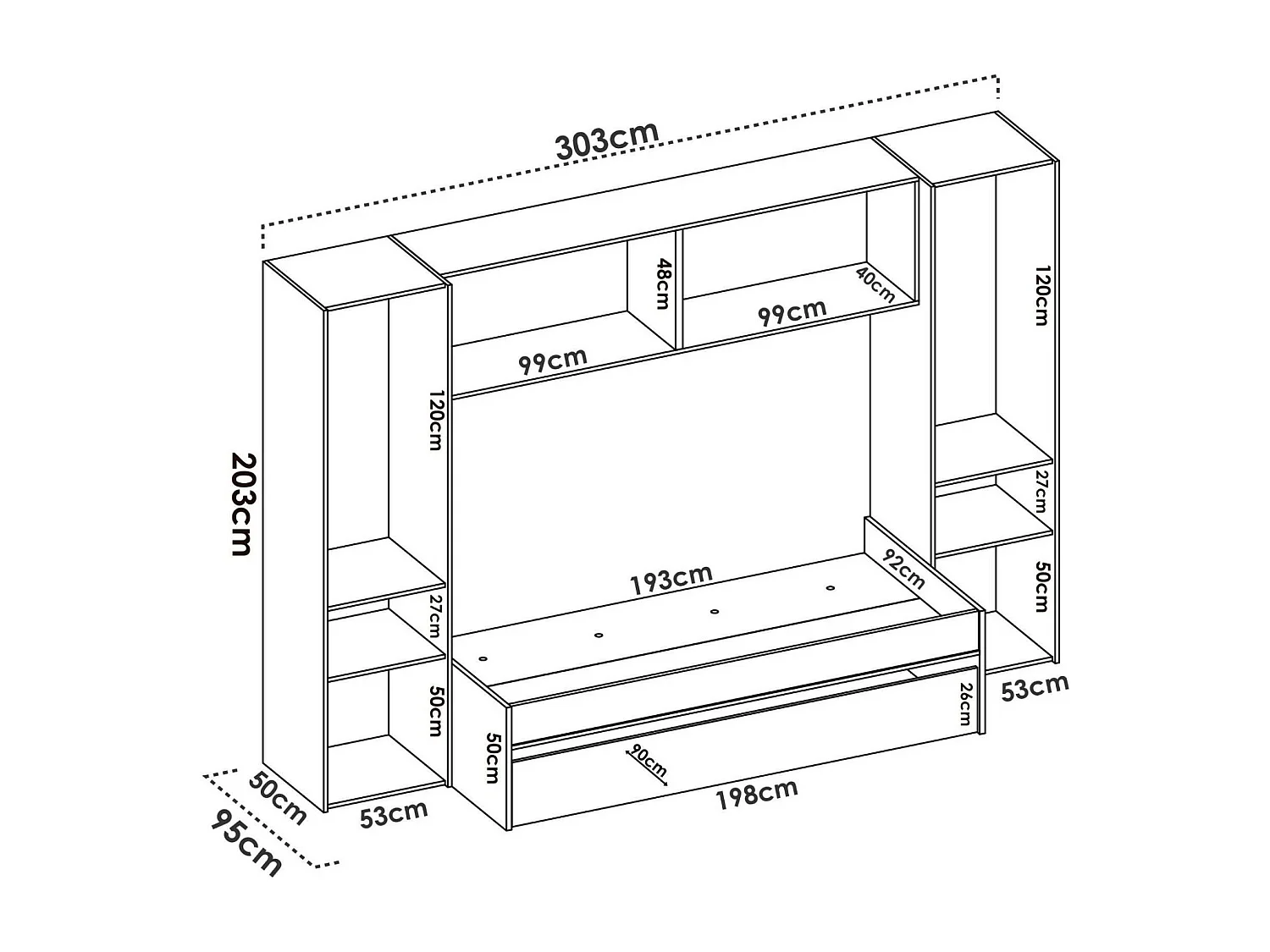 Venturosa kinderbed, Complete slaapkamer met brugkast en ladekast, Samenstelling met bed en eenpersoons uitschuifbaar bed, 303x97h203 cm, Eiken en Wit