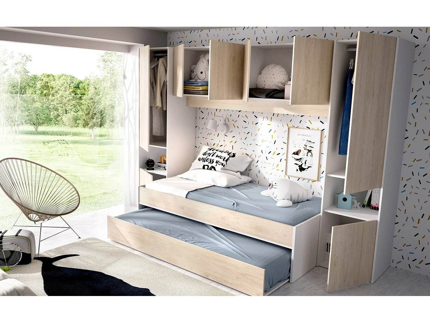 Venturosa kinderbed, Complete slaapkamer met brugkast en ladekast, Samenstelling met bed en eenpersoons uitschuifbaar bed, 303x97h203 cm, Eiken en Wit