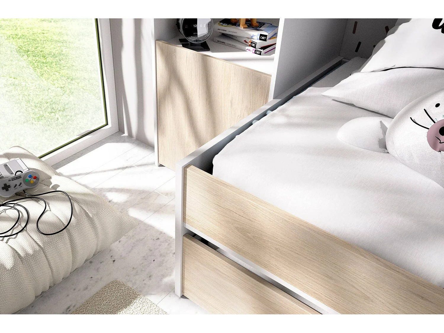 Venturosa kinderbed, Complete slaapkamer met brugkast en ladekast, Samenstelling met bed en eenpersoons uitschuifbaar bed, 303x97h203 cm, Eiken en Wit