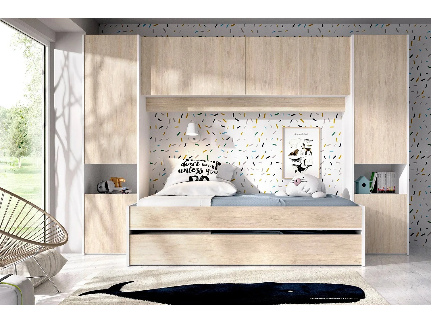 Lit enfant Venturosa, Chambre complète avec armoire bridge et commode, Composition avec lit et lit simple extractible, 303x97h203 cm, Chêne et Blanc