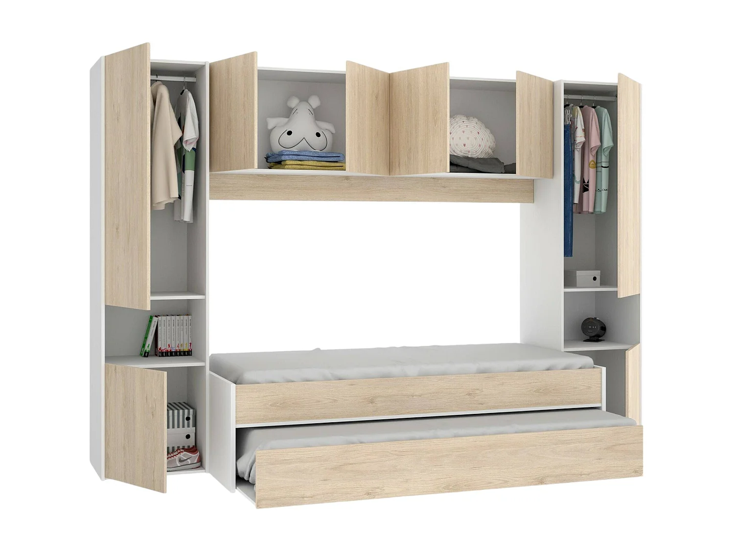 Kinderbett Venturosa, Komplettes Schlafzimmer mit Bridge-Kleiderschrank und Kommode, Komposition mit Bett und Einzelausziehbett, 303 x 97 x 203 cm, Eiche und WeiÃŸ