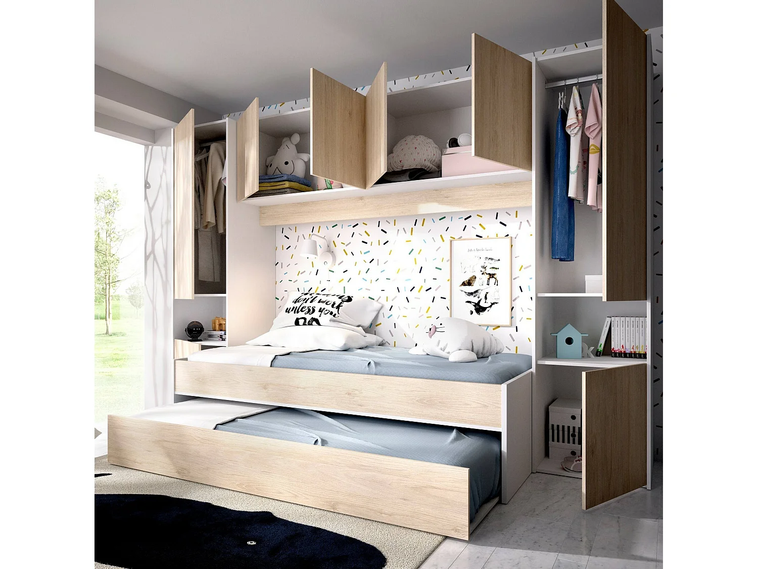 Dmora Slaapkamercompositie Venturosa 97x303x203h cm Wit Eiken Matrasmaat 190x100 cm, 2 Bedden