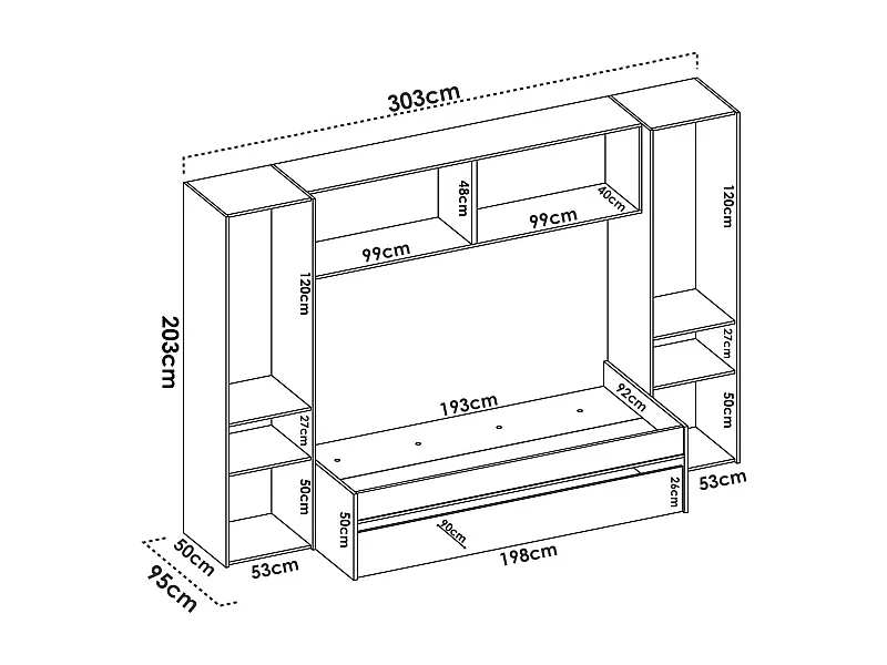 Lit enfant Venturosa, Chambre complète avec armoire bridge et commode, Composition avec lit et lit simple extractible, 303x97h203 cm, Chêne et Blanc