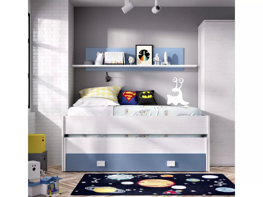 Kauf Unique Kinderbett Ortles, Struktur mit zweitem Ausziehbett, Einzelbett für Schlafzimmer mit 1 Schublade und Regal, 200 x 99 x 74 cm, Weiß und Blau