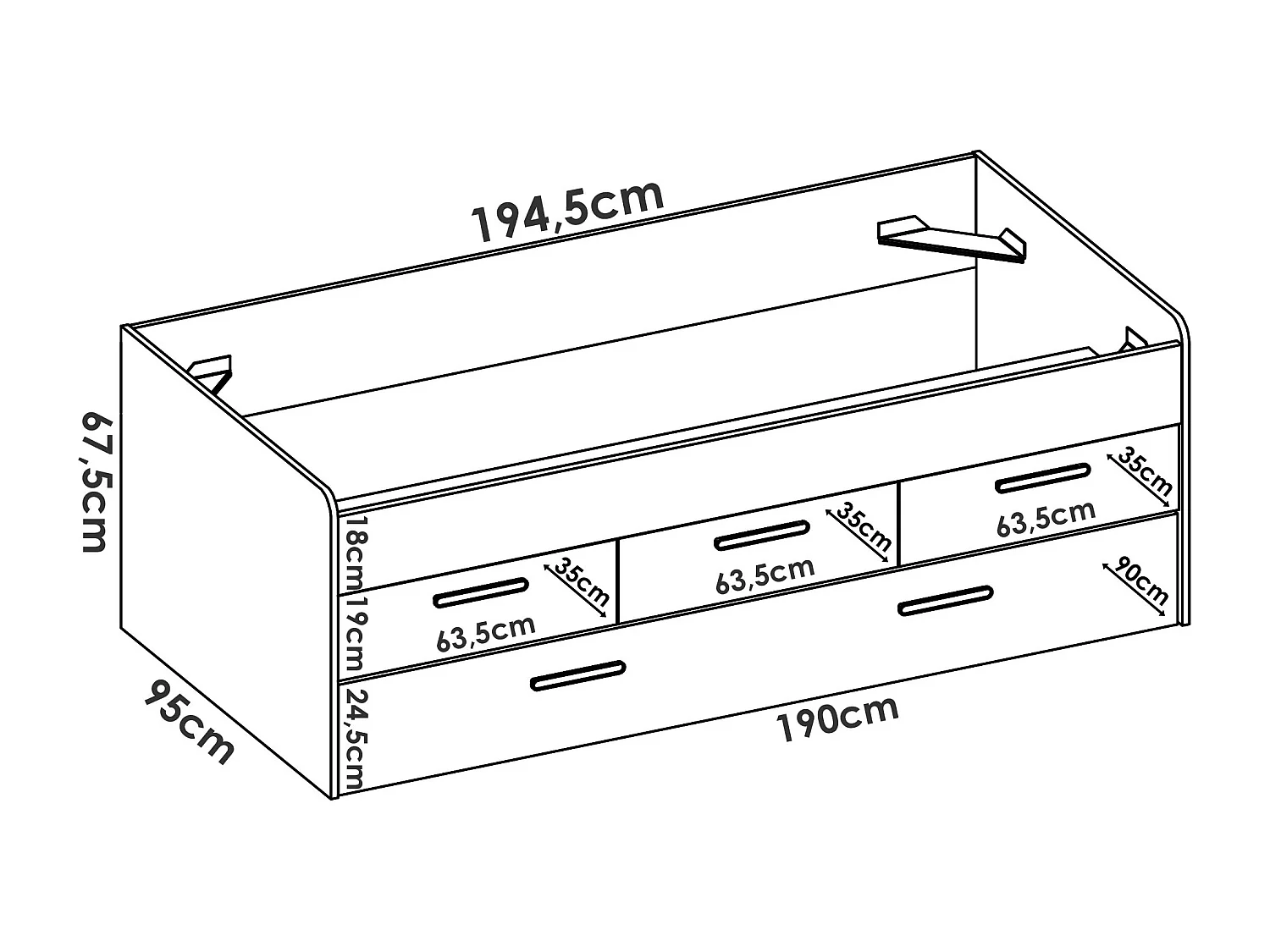Alben kinderbed, Structuur met tweede uitschuifbaar bed, Eenpersoonsbed voor slaapkamer met 3 laden, 194x95h68 cm, Wit