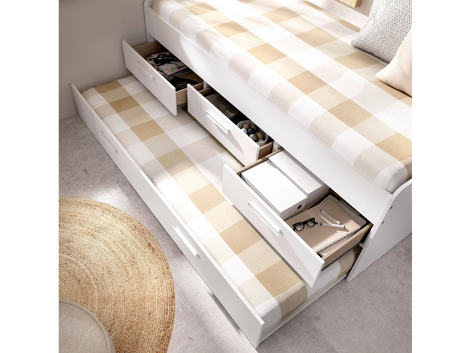 Alben kinderbed, Structuur met tweede uitschuifbaar bed, Eenpersoonsbed voor slaapkamer met 3 laden, 194x95h68 cm, Wit