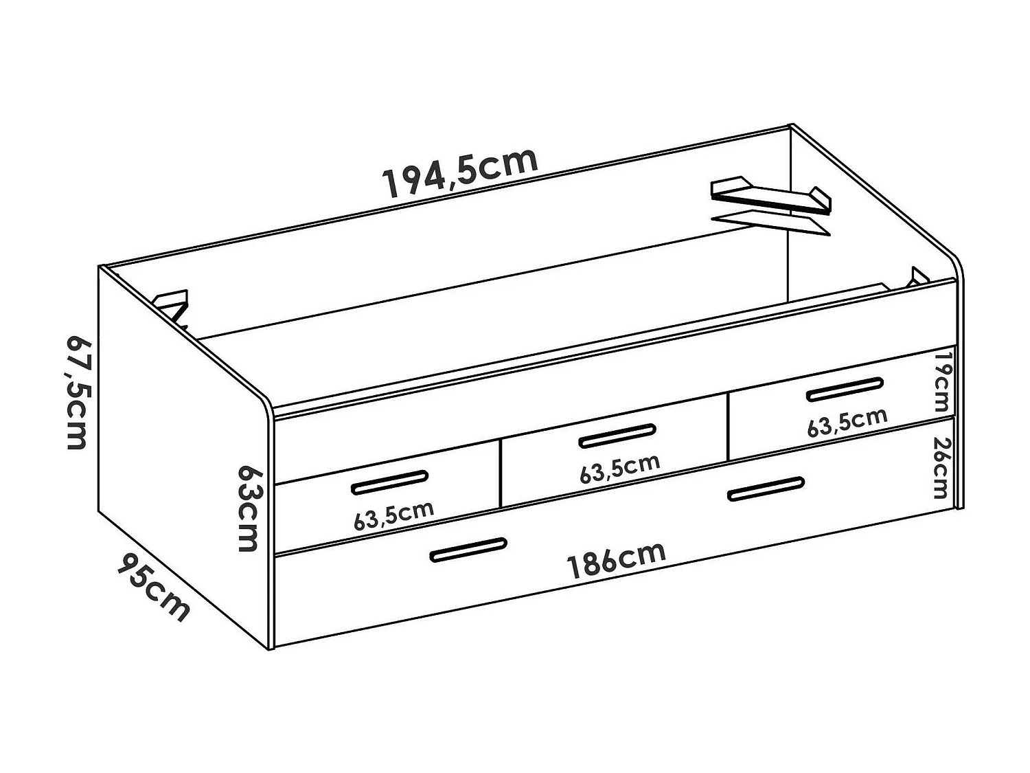 Cama infantil Alben, Estructura con segunda cama nido, Cama individual para dormitorio con 3 cajones, 194x95h68 cm, Blanco