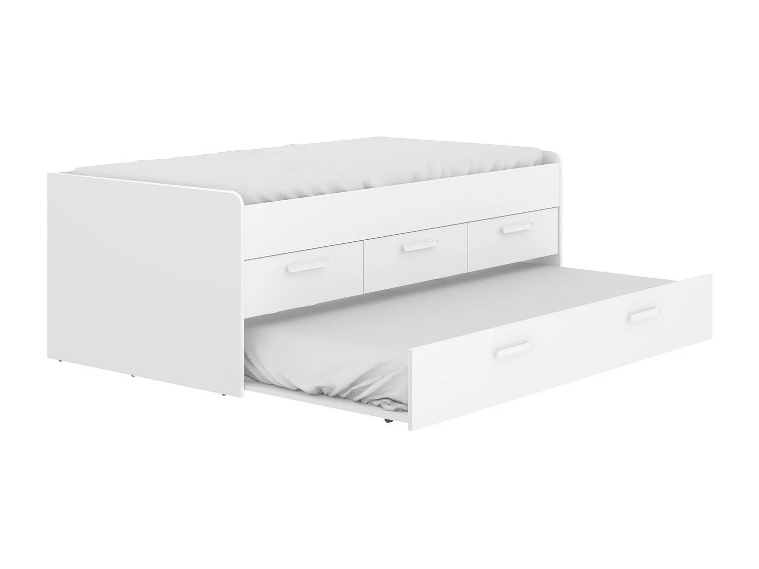 Cama infantil Alben, Estructura con segunda cama nido, Cama individual para dormitorio con 3 cajones, 194x95h68 cm, Blanco