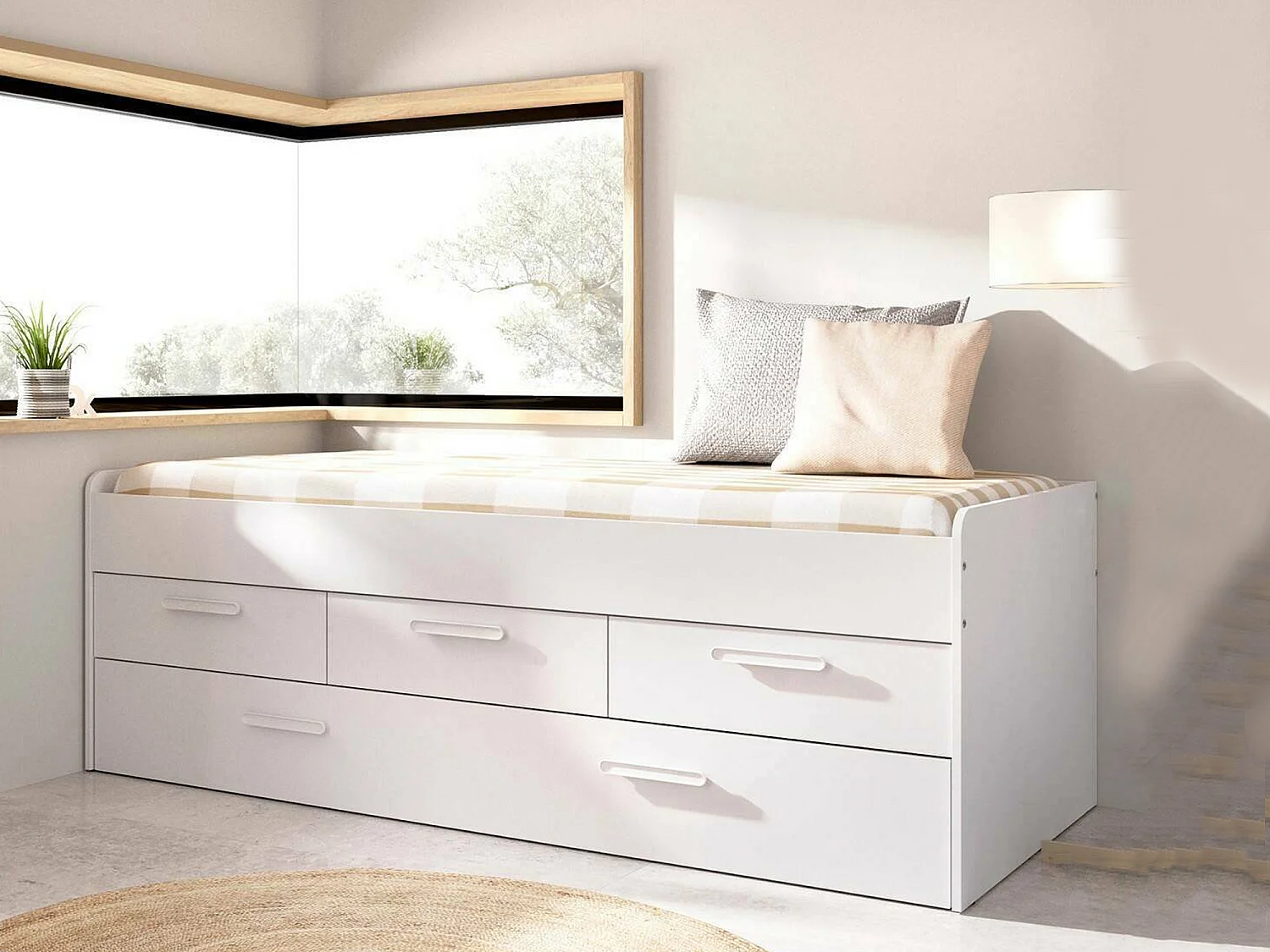 Lit enfant Alben, Structure avec deuxième lit extractible, Lit simple pour chambre avec 3 tiroirs, 194x95h68 cm, Blanc