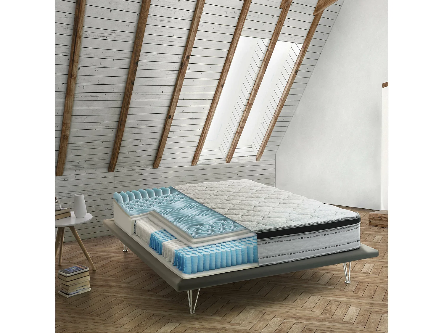 Dabasca tweepersoonsmatras, afneembare hoes in Memory Foam+Gel en pocketveren, 100% Made in Italy, anti-mijt en hypoallergeen, 120x190h27 cm