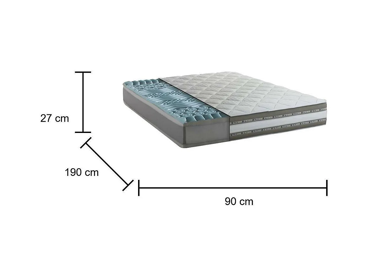 Matelas simple Dmorell, matelas en mousse à mémoire de forme et gel avec 9 zones différenciées, 100% Made in Italy, anti-acariens et hypoallergénique, 90x190h27 cm