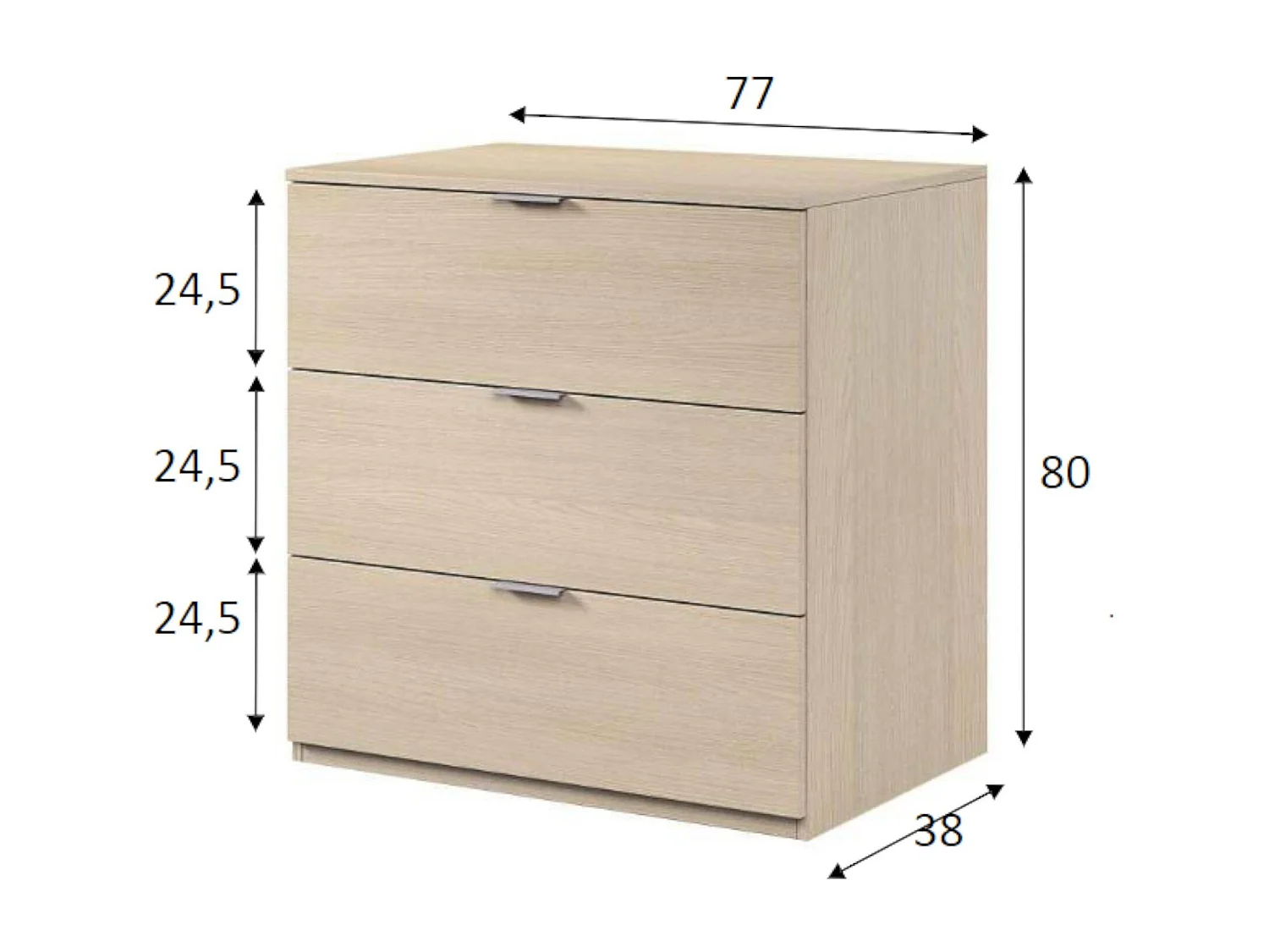 Commode Dantist, Commode moderne avec 3 tiroirs, Commode basse pour chambre à coucher, Commode armoire, 77x38h80 cm, Chêne