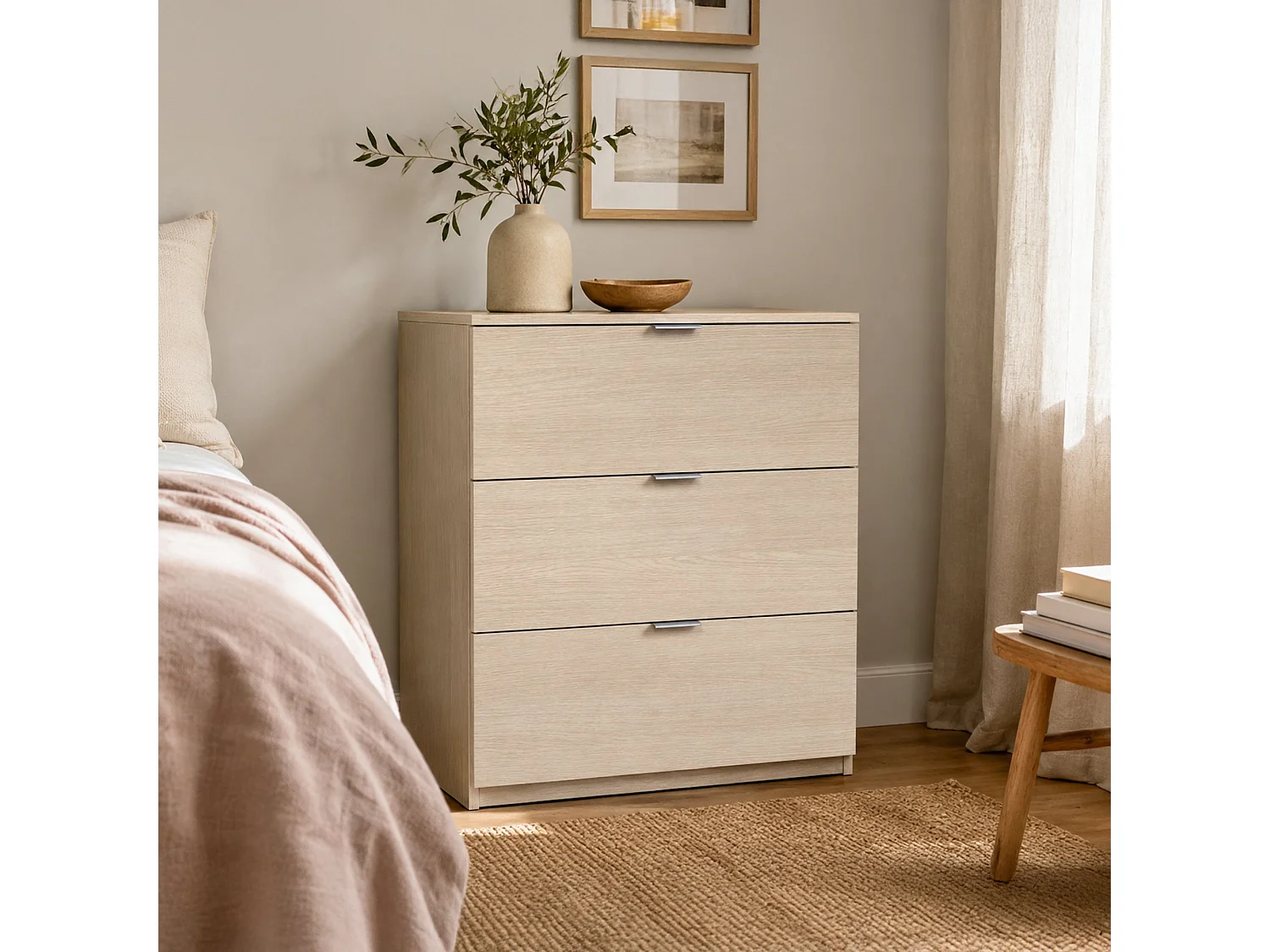 Commode Dantist, Commode moderne avec 3 tiroirs, Commode basse pour chambre à coucher, Commode armoire, 77x38h80 cm, Chêne