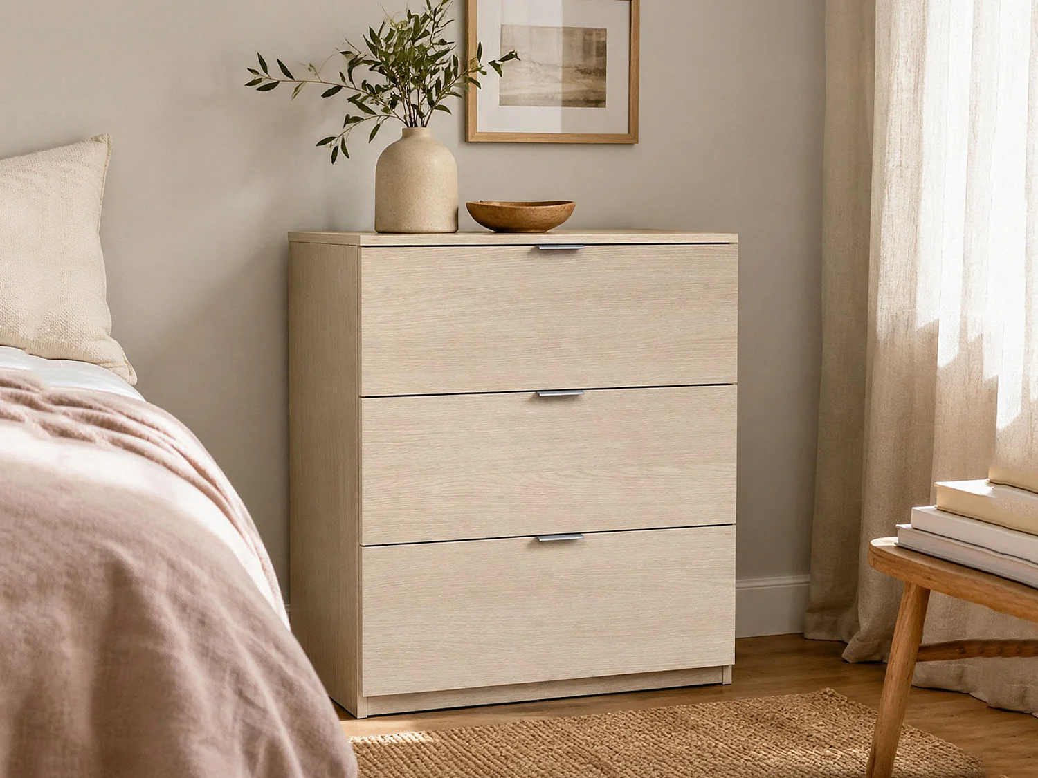 Commode Dantist, Commode moderne avec 3 tiroirs, Commode basse pour chambre à coucher, Commode armoire, 77x38h80 cm, Chêne