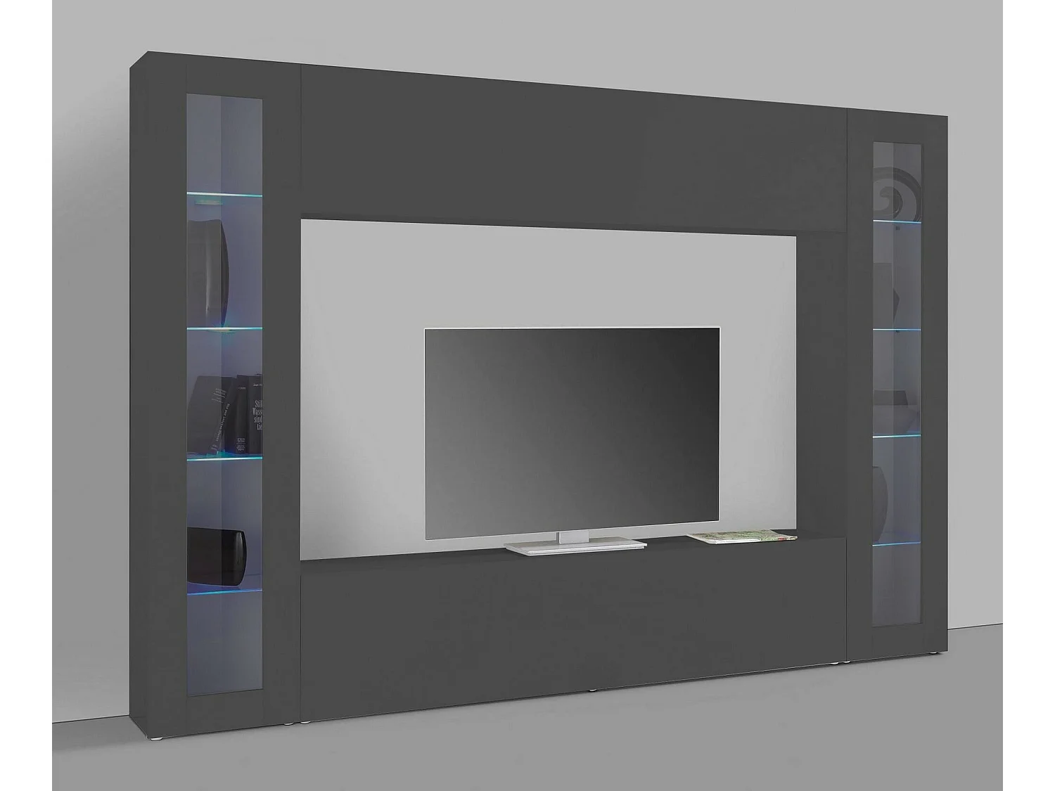 Élément mural Delma, meuble TV 4 portes, meuble de salon polyvalent avec vitrine et lumière LED, 100% Made in Italy, 260x30h180 cm, Anthracite