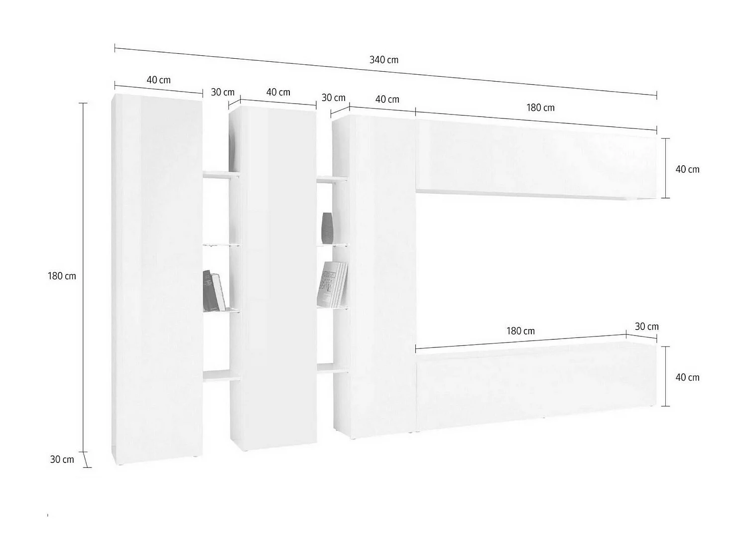 Dattard wandsysteem, 5-deurs TV-meubel woonkamerset, Multifunctioneel woonkamermeubilair, 100% Made in Italy, 340x30h180 cm, Antraciet