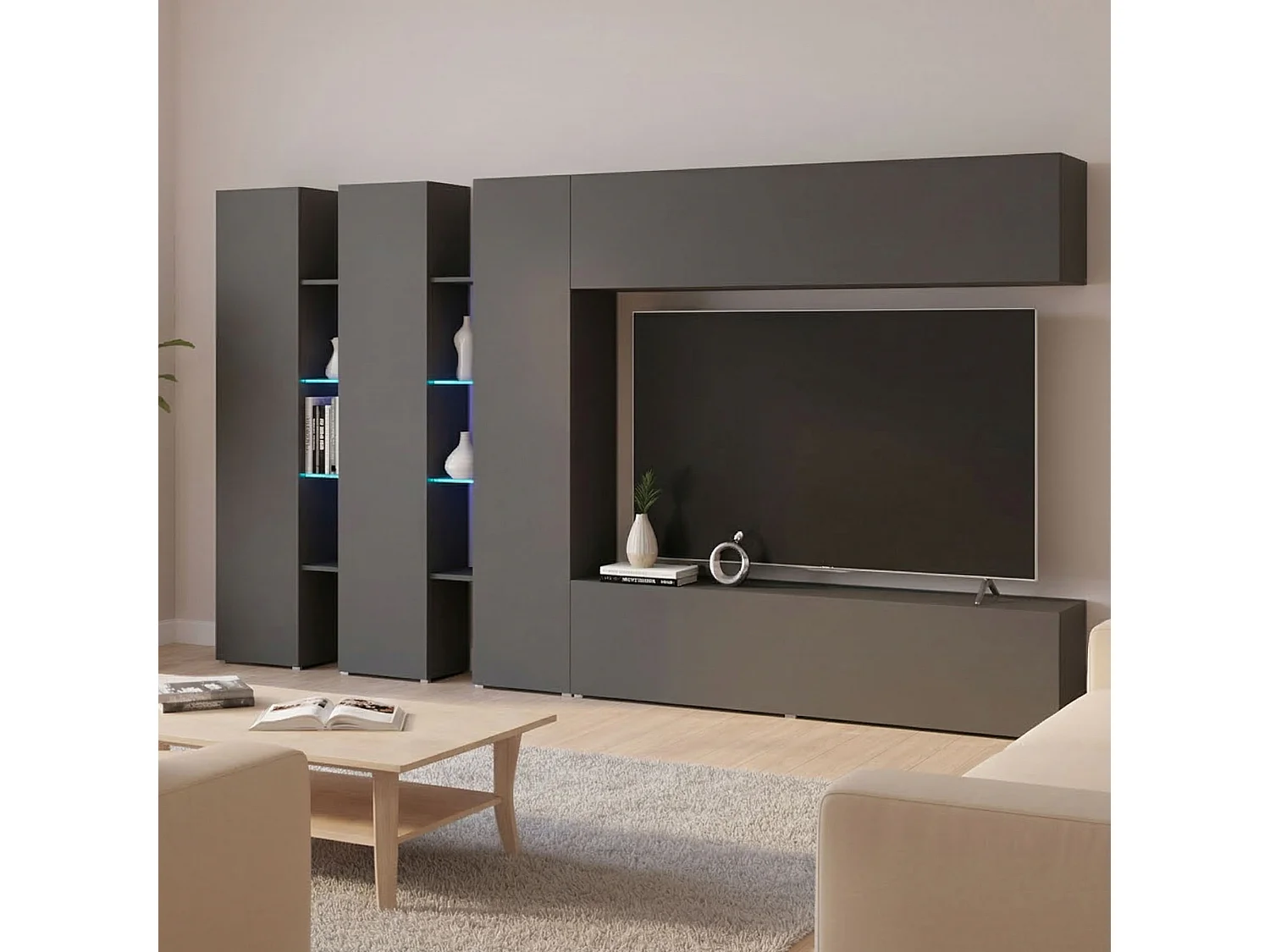 Dattard wandsysteem, 5-deurs TV-meubel woonkamerset, Multifunctioneel woonkamermeubilair, 100% Made in Italy, 340x30h180 cm, Antraciet