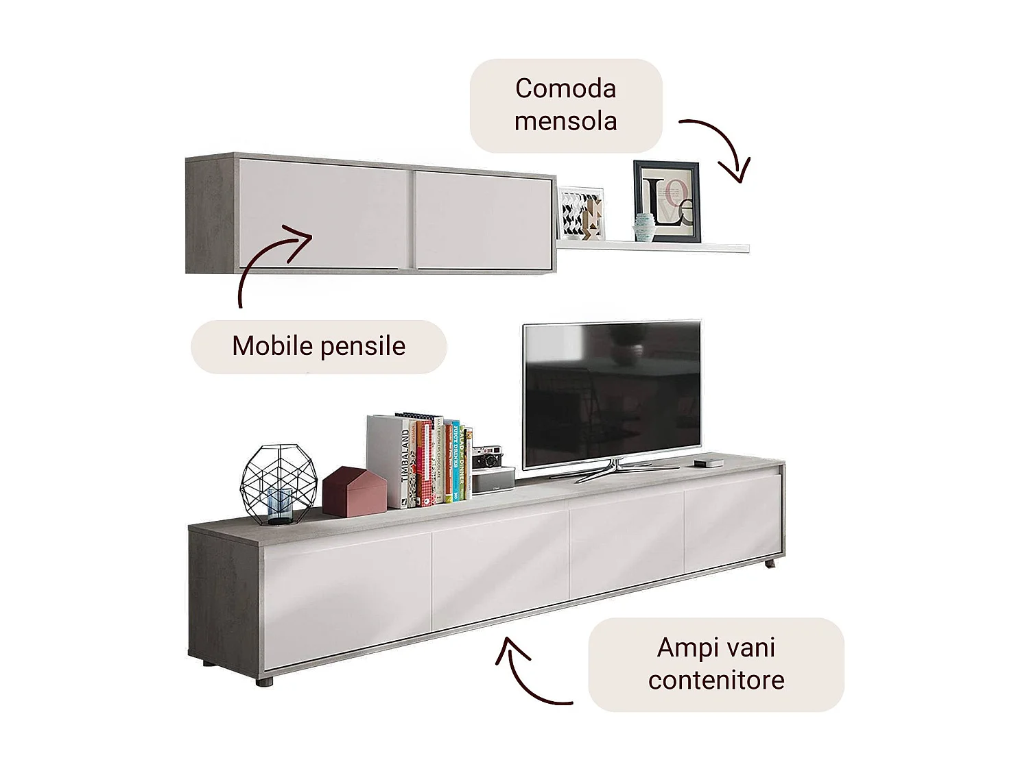 Système mural Damatte, meuble TV meuble de salon, Composition d'ensemble de salon, Ensemble de salon avec élément mural, 200x41h43 cm, Blanc et Ciment