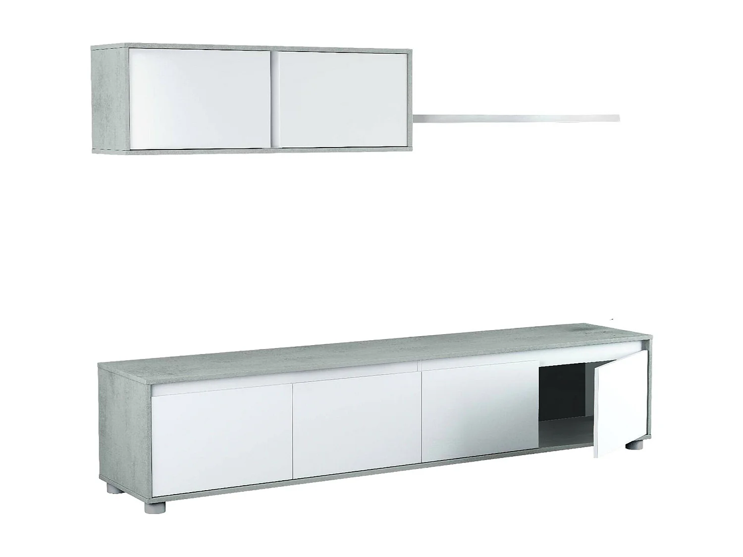 Système mural Damatte, meuble TV meuble de salon, Composition d'ensemble de salon, Ensemble de salon avec élément mural, 200x41h43 cm, Blanc et Ciment