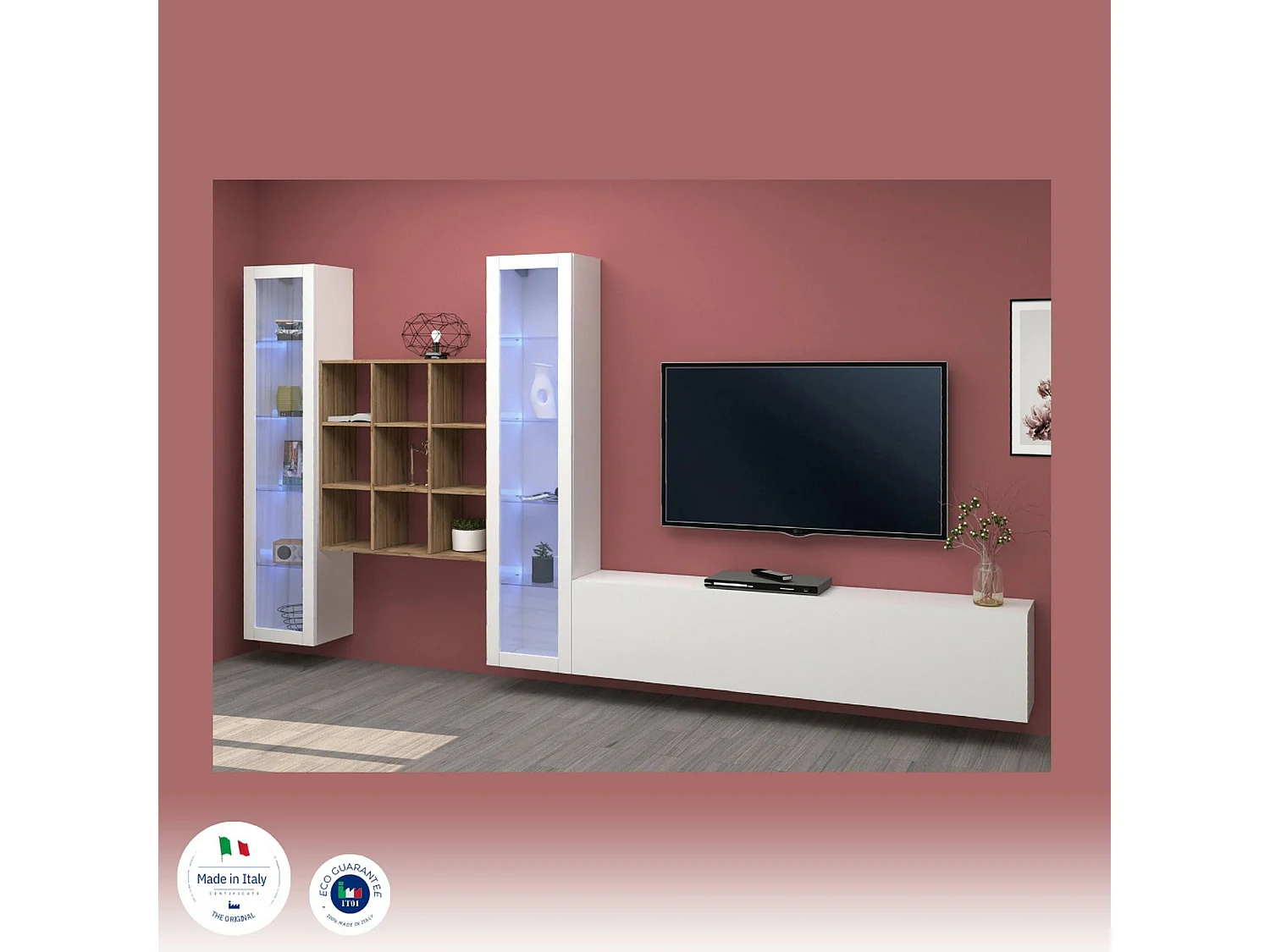 Élément mural Dchiorr, meuble TV 3 portes, Meuble de salon polyvalent avec vitrine et lumière LED, 100% Made in Italy, 350x30h180 cm, Blanc brillant et érable