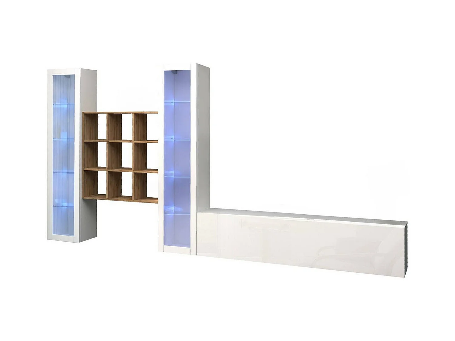 Élément mural Dchiorr, meuble TV 3 portes, Meuble de salon polyvalent avec vitrine et lumière LED, 100% Made in Italy, 350x30h180 cm, Blanc brillant et érable