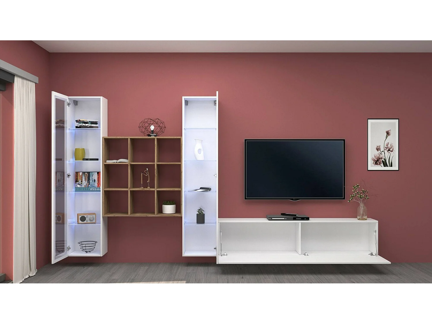 Élément mural Dchiorr, meuble TV 3 portes, Meuble de salon polyvalent avec vitrine et lumière LED, 100% Made in Italy, 350x30h180 cm, Blanc brillant et érable