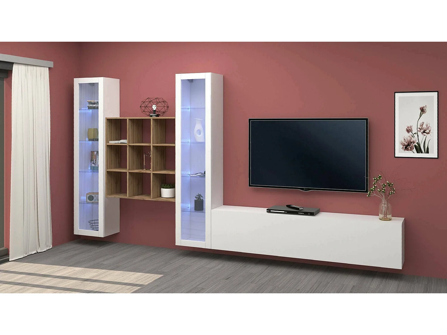 Élément mural Dchiorr, meuble TV 3 portes, Meuble de salon polyvalent avec vitrine et lumière LED, 100% Made in Italy, 350x30h180 cm, Blanc brillant et érable