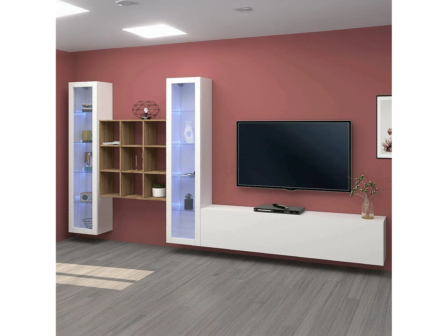 Élément mural Dchiorr, meuble TV 3 portes, Meuble de salon polyvalent avec vitrine et lumière LED, 100% Made in Italy, 350x30h180 cm, Blanc brillant et érable