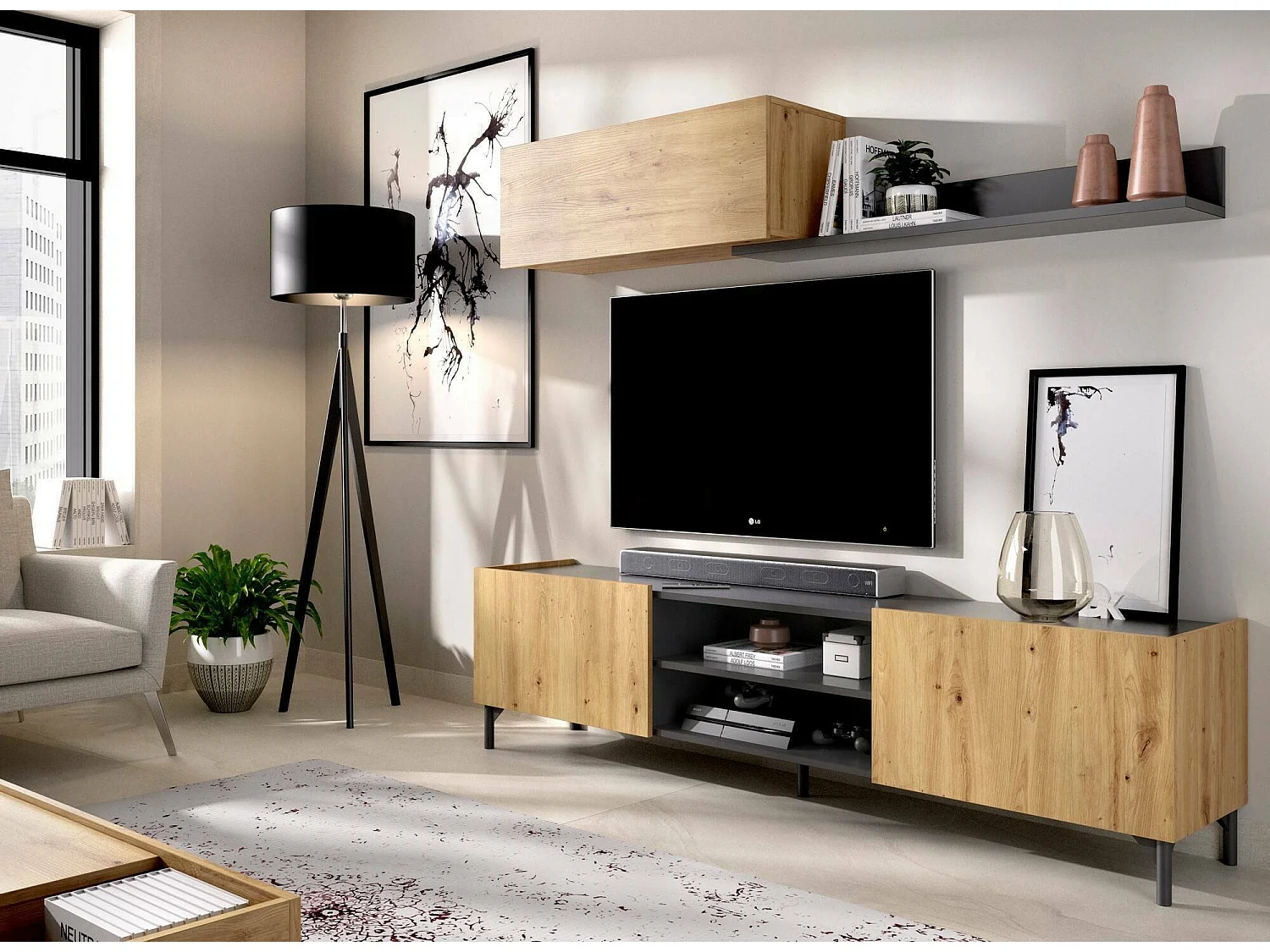 Système mural Korab, ensemble de salon meuble TV, meuble de salon polyvalent, 182x35h180 cm, Chêne noué et Anthracite