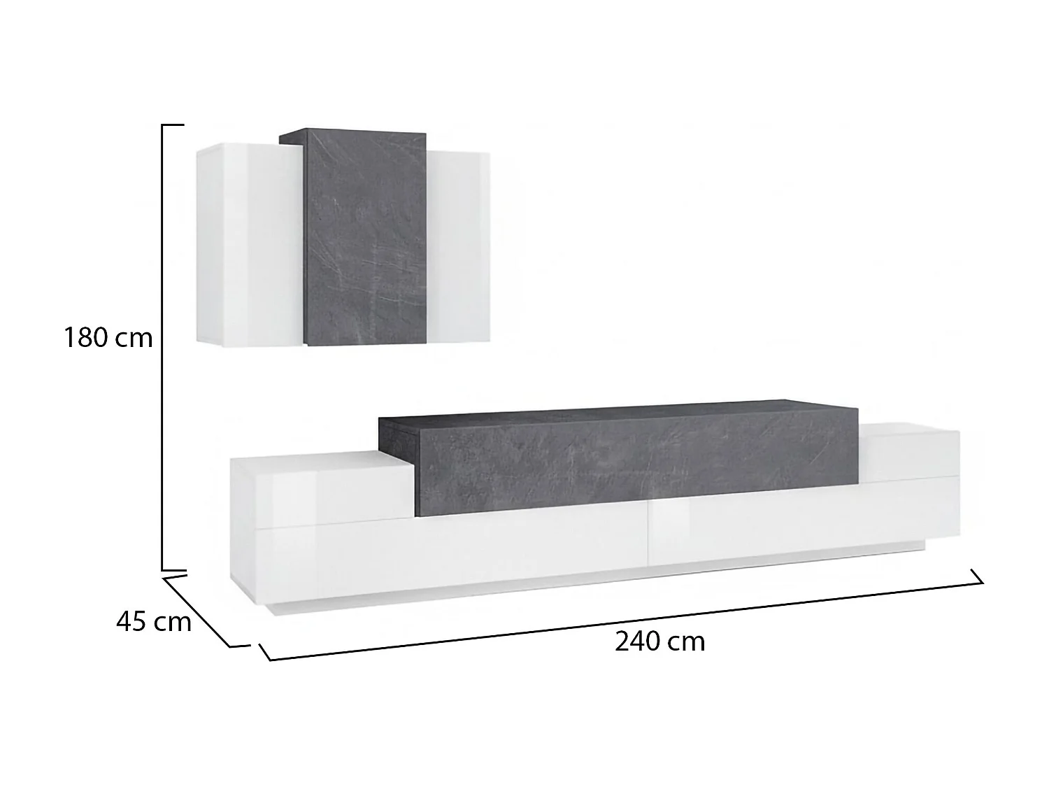Sistema de parede Dmar, conjunto de sala de TV, móveis de sala multiuso, 100% fabricado na Itália, 240x45h180 cm, branco brilhante e ardósia