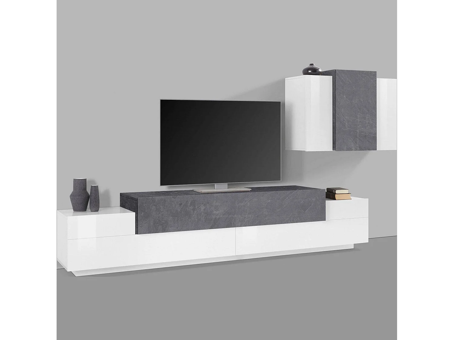 Unité murale Dmar, ensemble de salon meuble TV, meuble de salon polyvalent, 100% Made in Italy, 240x45h180 cm, blanc brillant et ardoise