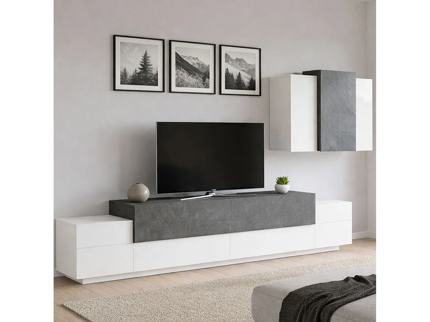 Unité murale Dmar, ensemble de salon meuble TV, meuble de salon polyvalent, 100% Made in Italy, 240x45h180 cm, blanc brillant et ardoise