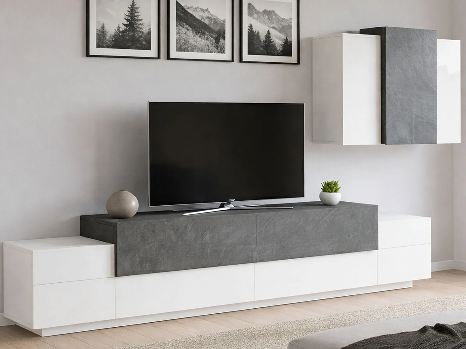 Unité murale Dmar, ensemble de salon meuble TV, meuble de salon polyvalent, 100% Made in Italy, 240x45h180 cm, blanc brillant et ardoise