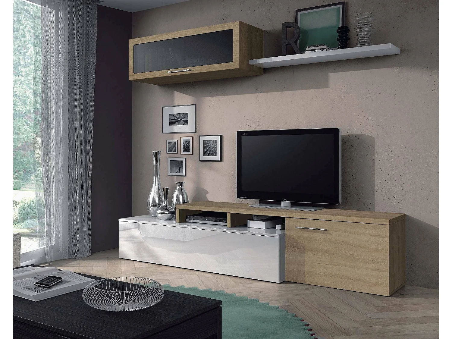 Ensemble mural Dabarb, meuble TV meuble de salon, Composition de salon réversible, Ensemble de salon d'angle, 200x41h44 cm, Chêne et Blanc Brillant