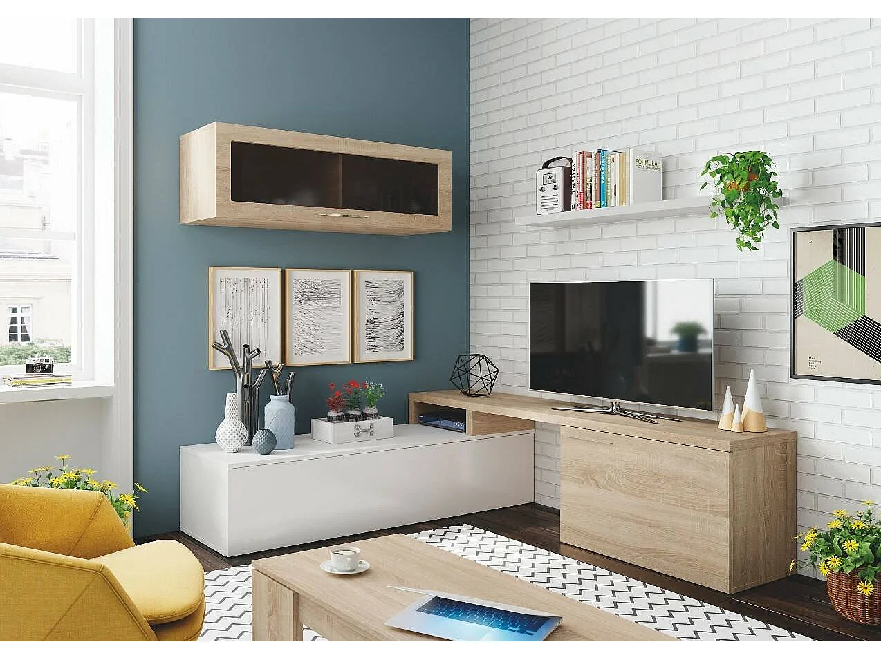 Ensemble mural Dabarb, meuble TV meuble de salon, Composition de salon réversible, Ensemble de salon d'angle, 200x41h44 cm, Chêne et Blanc Brillant