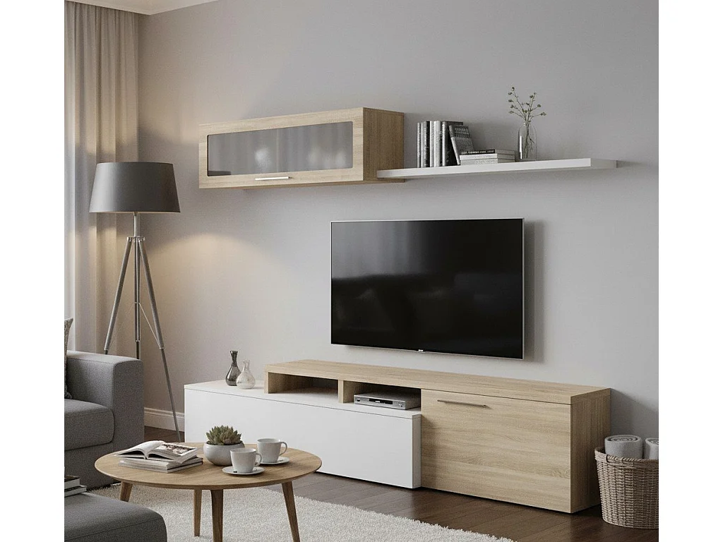 Ensemble mural Dabarb, meuble TV meuble de salon, Composition de salon réversible, Ensemble de salon d'angle, 200x41h44 cm, Chêne et Blanc Brillant