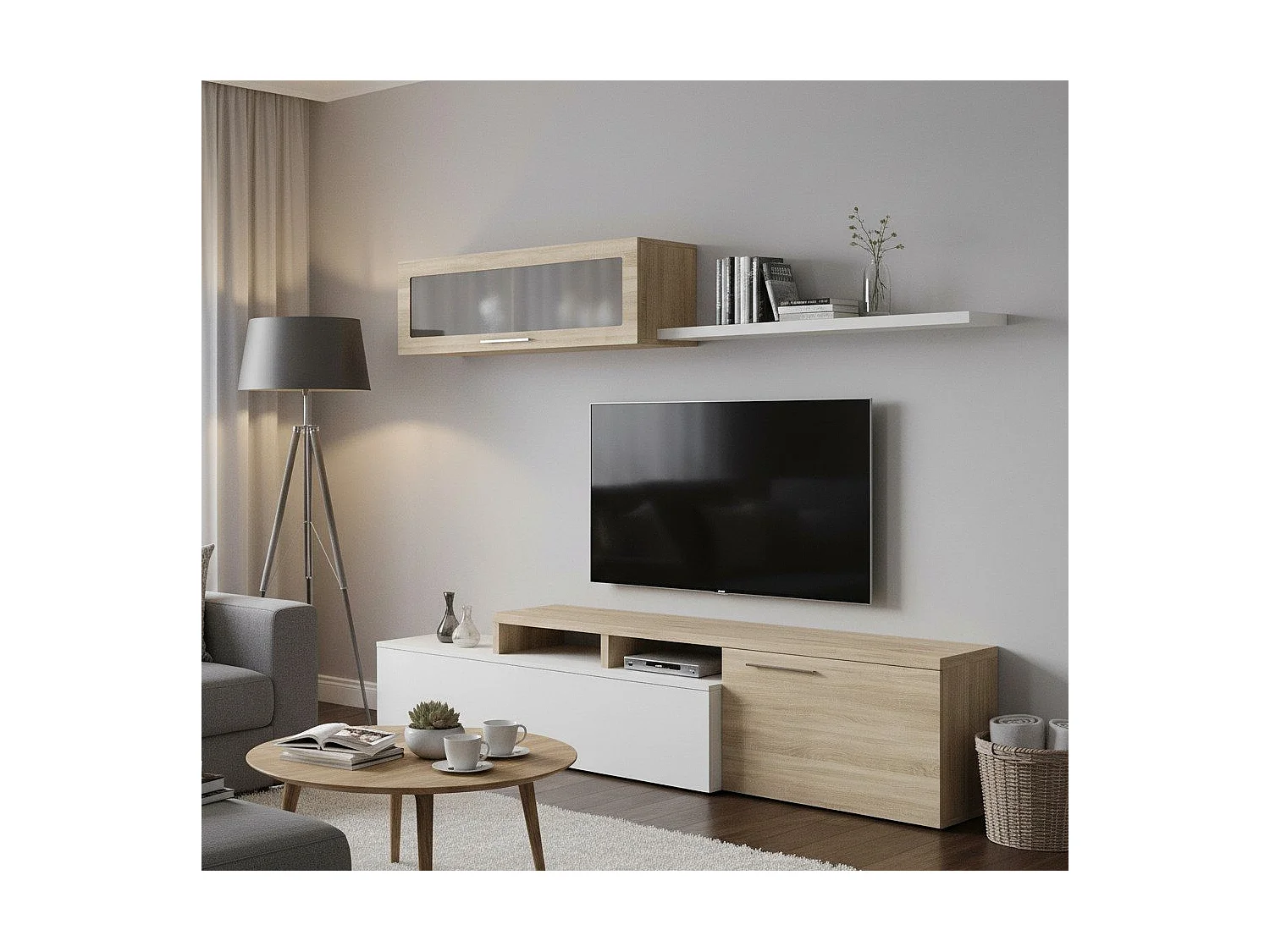 Ensemble mural Dabarb, meuble TV meuble de salon, Composition de salon réversible, Ensemble de salon d'angle, 200x41h44 cm, Chêne et Blanc Brillant