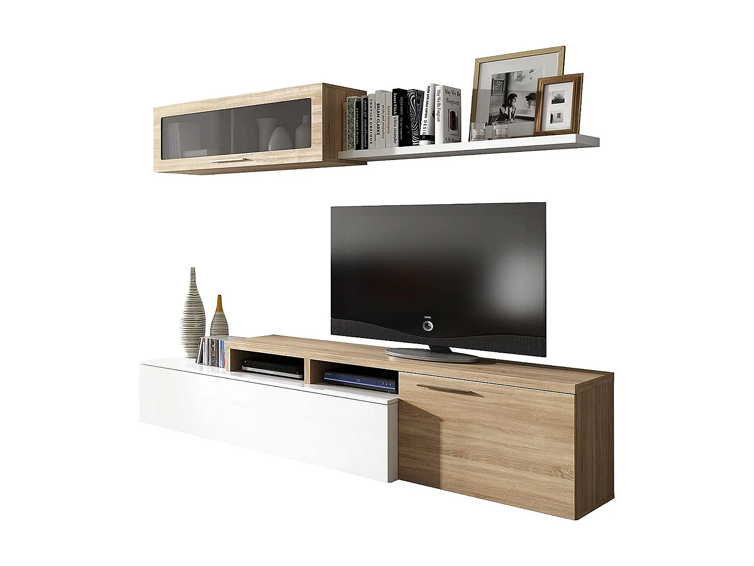 Dabarb wandsysteem, TV-meubel woonkamermeubel, Omkeerbare woonkamersamenstelling, Hoekwoonkamerset, 200x41h44 cm, Eiken en Glanzend Wit