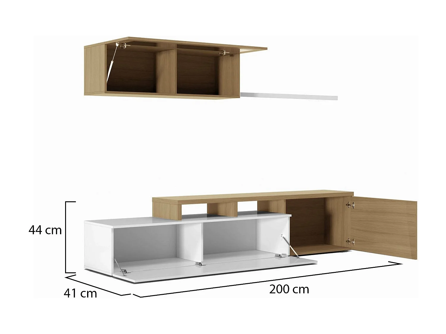 Ensemble mural Dabarb, meuble TV meuble de salon, Composition de salon réversible, Ensemble de salon d'angle, 200x41h44 cm, Chêne et Blanc Brillant